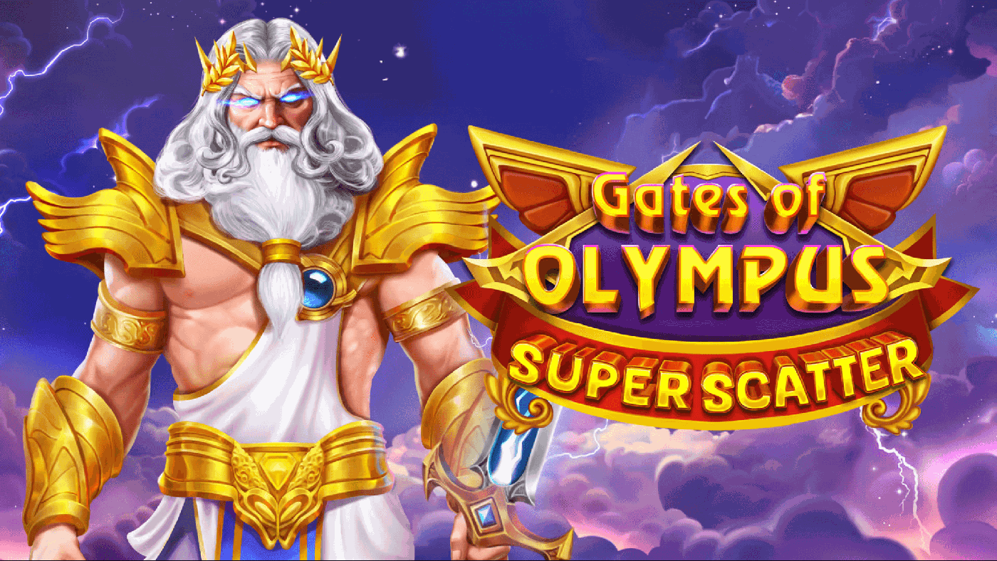 Illustration des Olymp mit Zeus in goldener R&uuml;stung, umgeben von Wolken in Rosa und Violett, daneben das goldgerahmte 6x5-Feld von Gates of Olympus Super Scatter mit Kristallsymbolen und Super-Scatter-Zeichen
